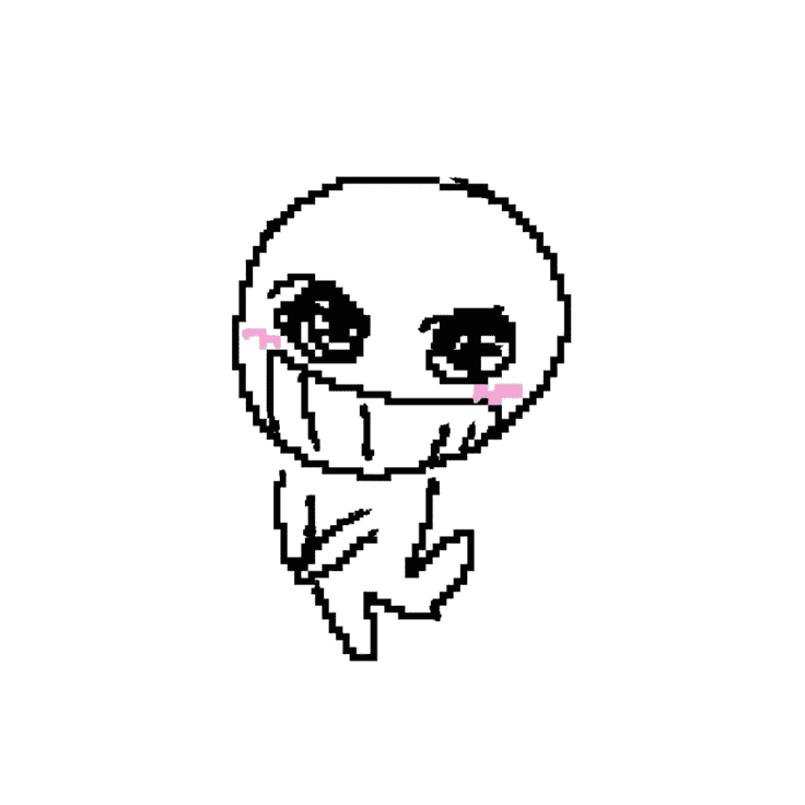 Sticker, containing a cartoonish drawing of a rounded stick figure grinning with twin, circular blushes on either cheek and one knee bent backwards with simple, rounded hands held together.